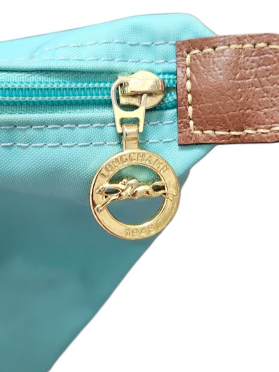 Longchamp Le Pliage Medium Tote Bag Blue Nylon Brown Leather Foldable bag - Picture 6 of 14